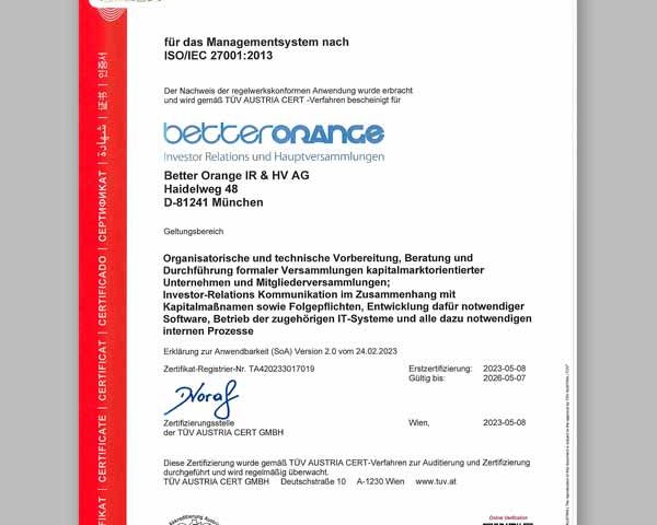 TÜV Austria ISO 27001:2013 Zertifikat Better Orange München